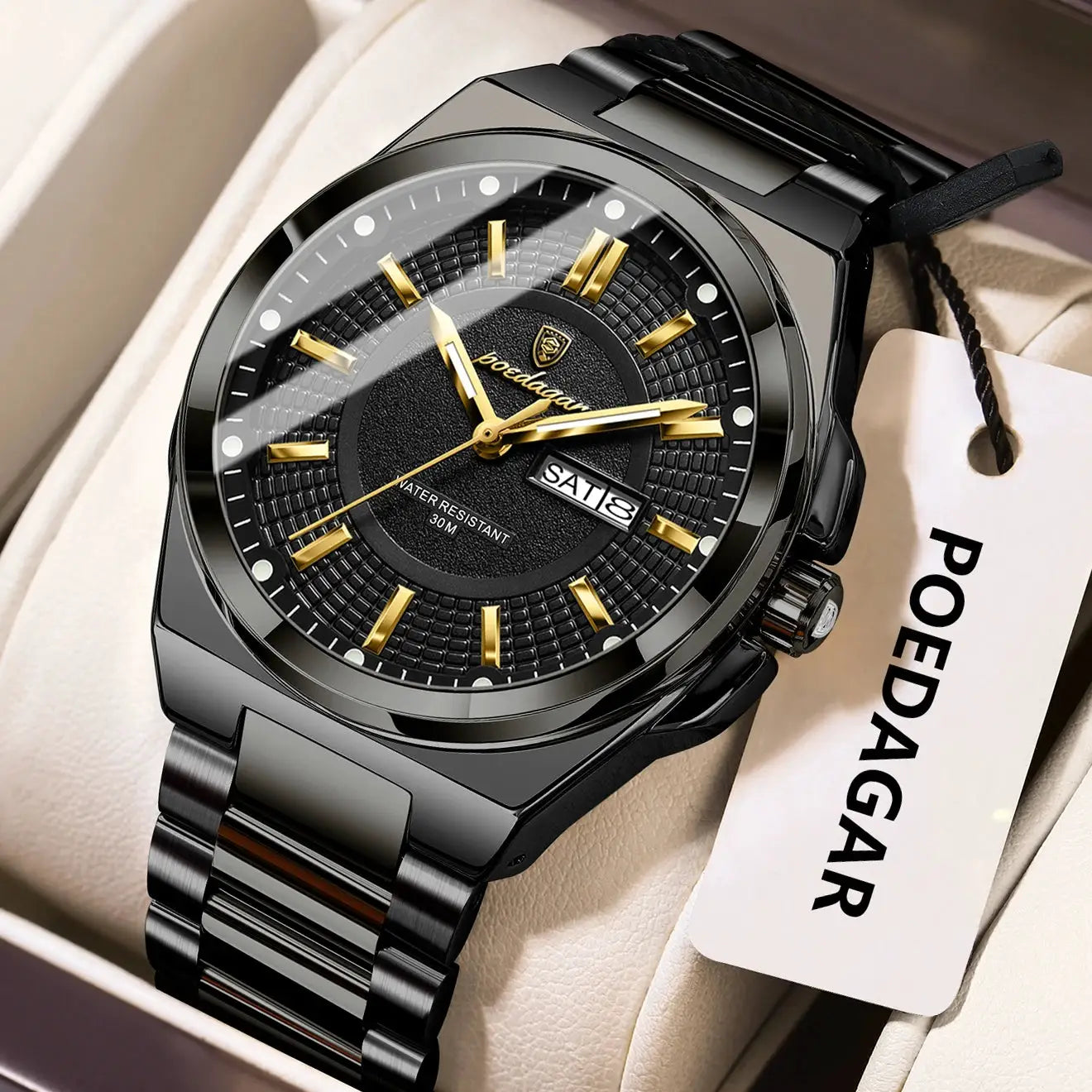 POEDAGAR men's luxury wristwatch, black stainless steel with gold‑tone hands, date window, water resistant.