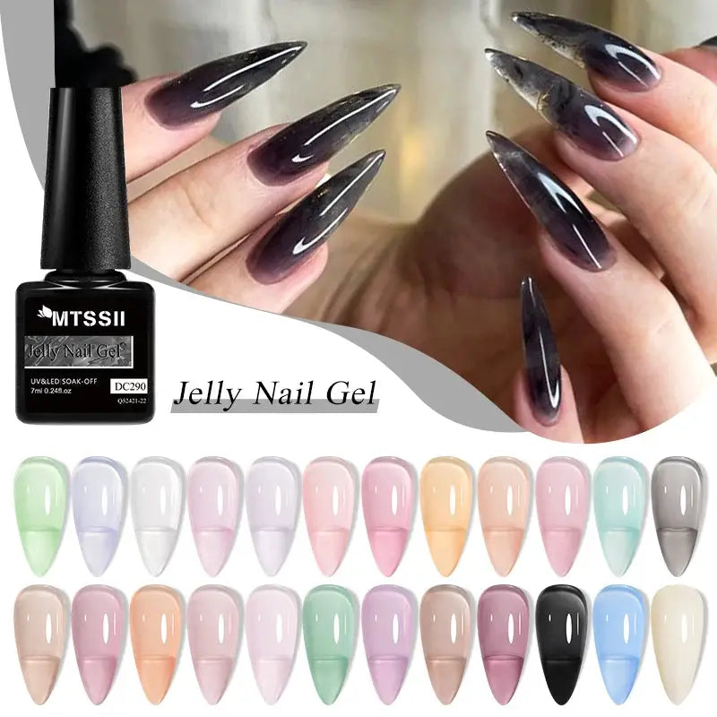 MTSSII Jelly Gel Nail Polish 6-piece set with translucent pastel shades; bottle shown beside long almond nails