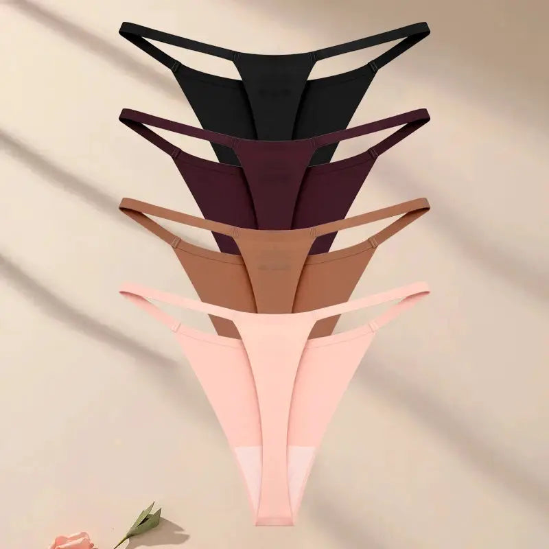 Seamless ultra-thin thong underwear set for women in black, burgundy, taupe, and blush pink
