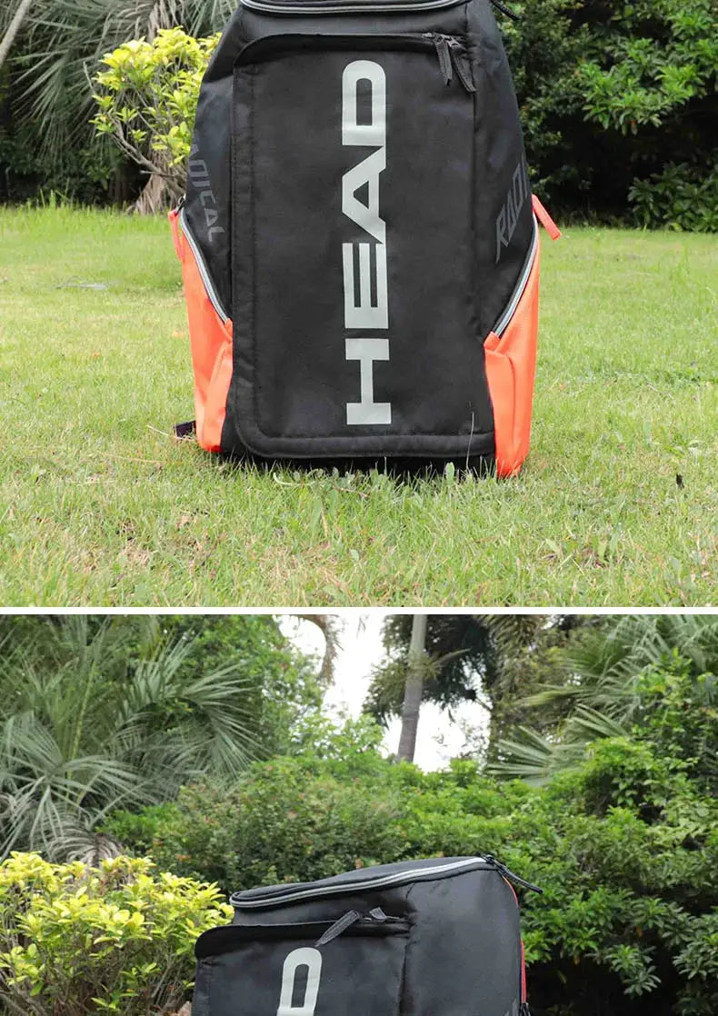 HEAD Radical tennis backpack; black bag with orange side panels and large vertical HEAD logo.