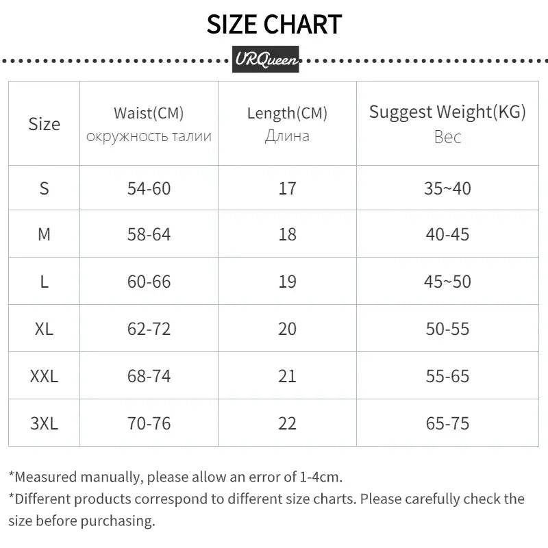 URQueen size chart for women's underwear showing waist (CM), length (CM), and weight ranges from S to 3XL.
