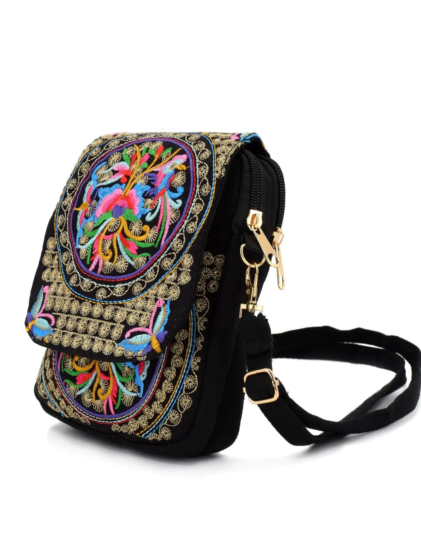 Small black canvas crossbody phone bag with colorful embroidery, gold-tone zipper hardware, and adjustable strap