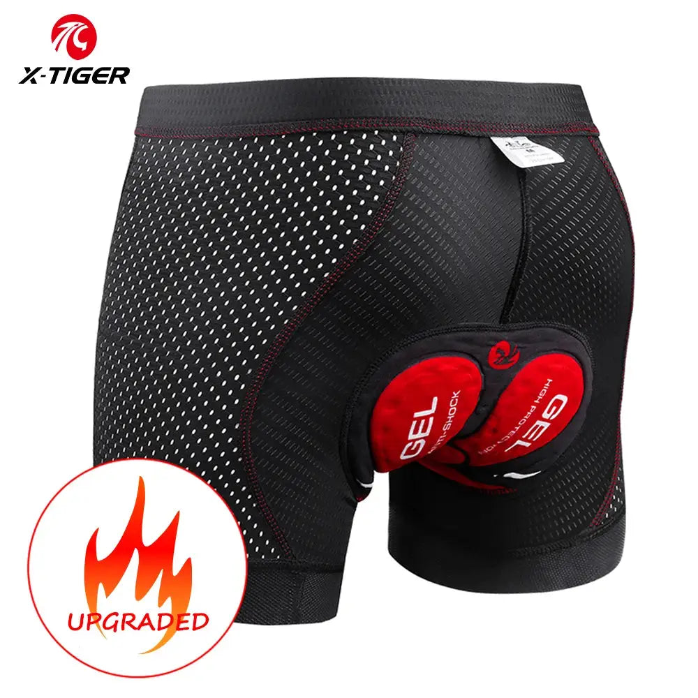 X-TIGER men's cycling underwear with 5D gel cushions, black mesh MTB shorts with red gel pad