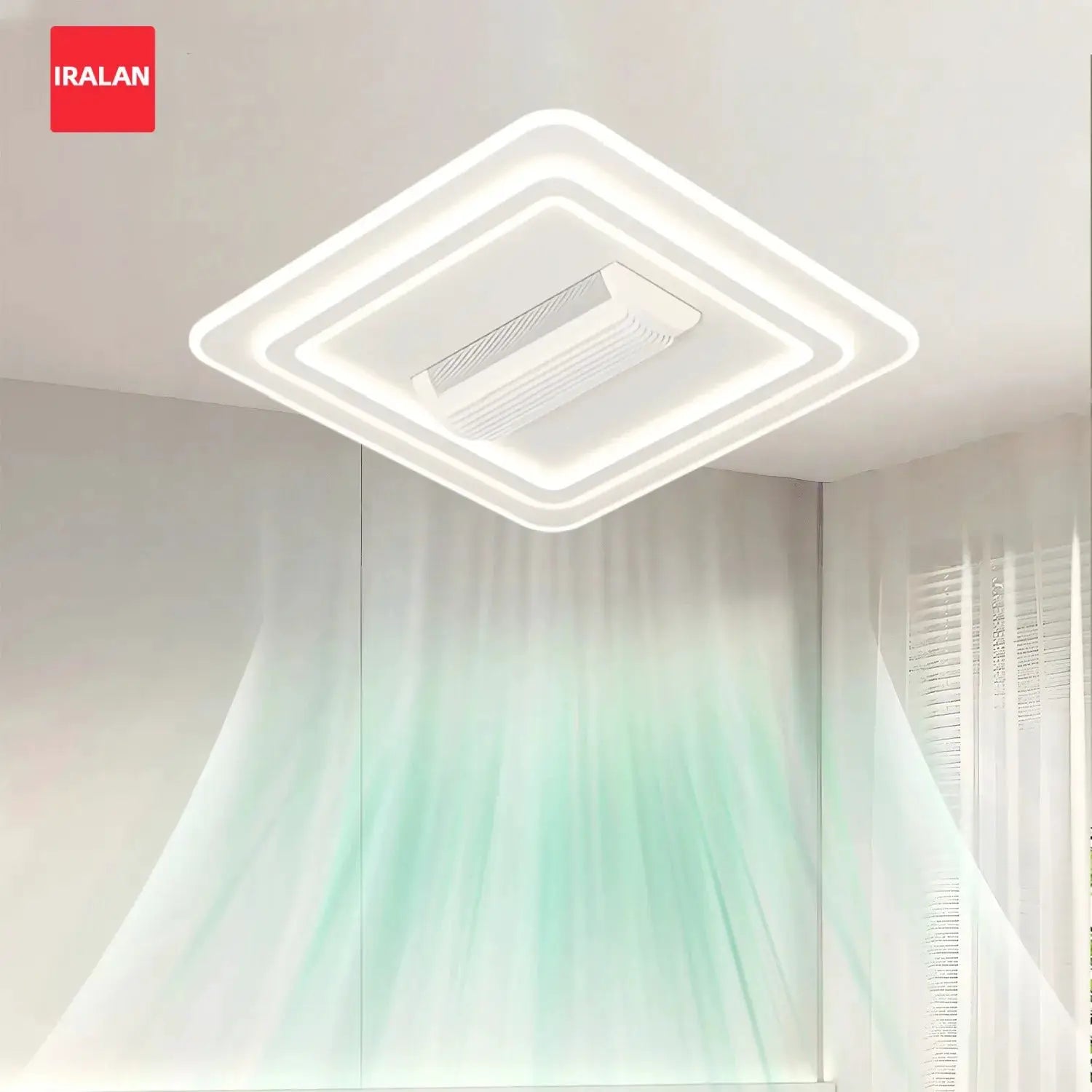 LED bladeless ceiling fan chandelier with square LED ring lights in white finish, IRALAN logo visible