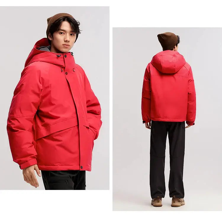 Men's red puffer down jacket with hood, mid-length, loose fit.