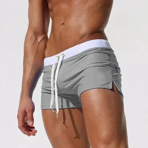 Men's gray quick-drying swim trunks with white drawstring waistband