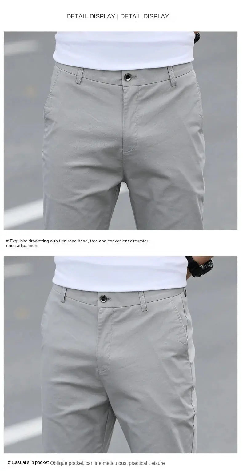 Men's cotton chinos in light gray, breathable straight-leg casual trousers, sizes W28–W40