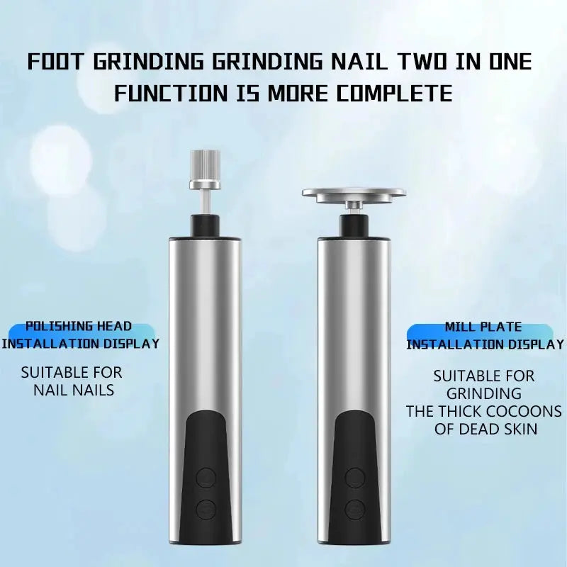 Foot Care File Electric Foot Callus Remover by Simples Market; silver body with two heads for polishing and grinding.