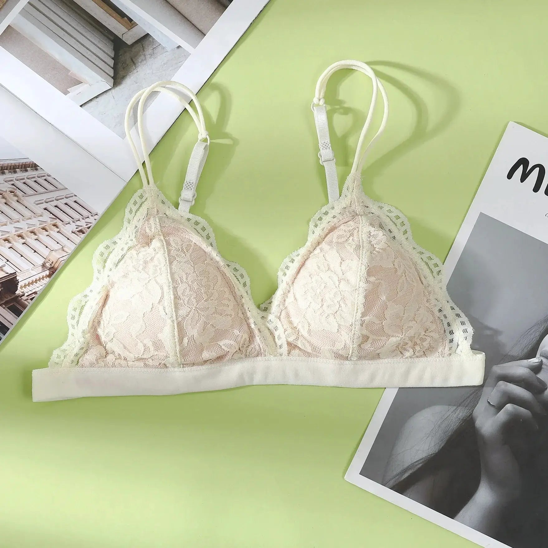 V-neck double-strap lace bralette by Simples Market, cream color, wireless, back hook closure, size S-L