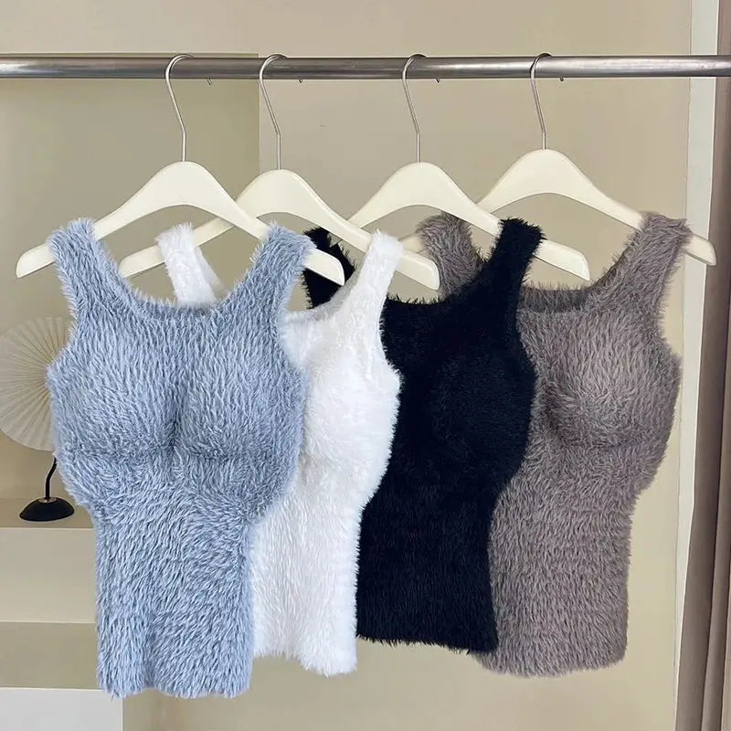 Simples Market plush warm wool tank tops for girls, set of four in blue, white, black, and taupe