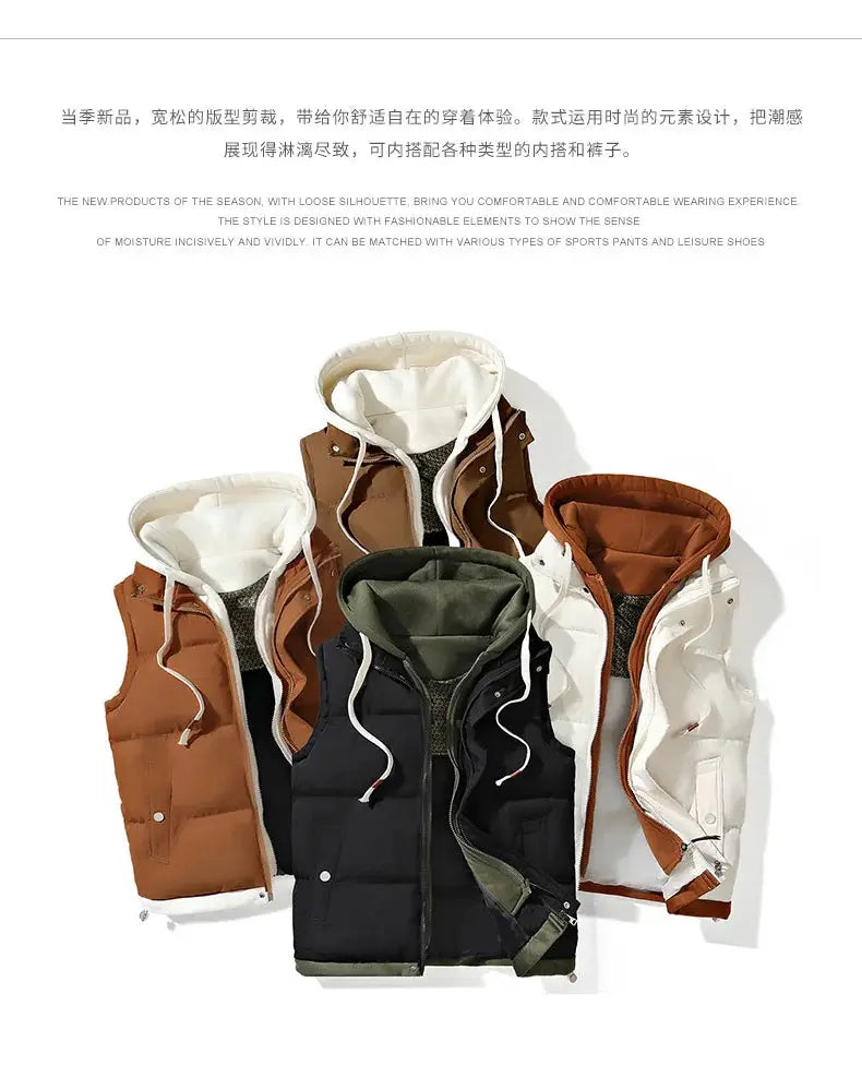 Simples Market men's hooded puffer vests in five colors; sleeveless windproof jackets with hoods.