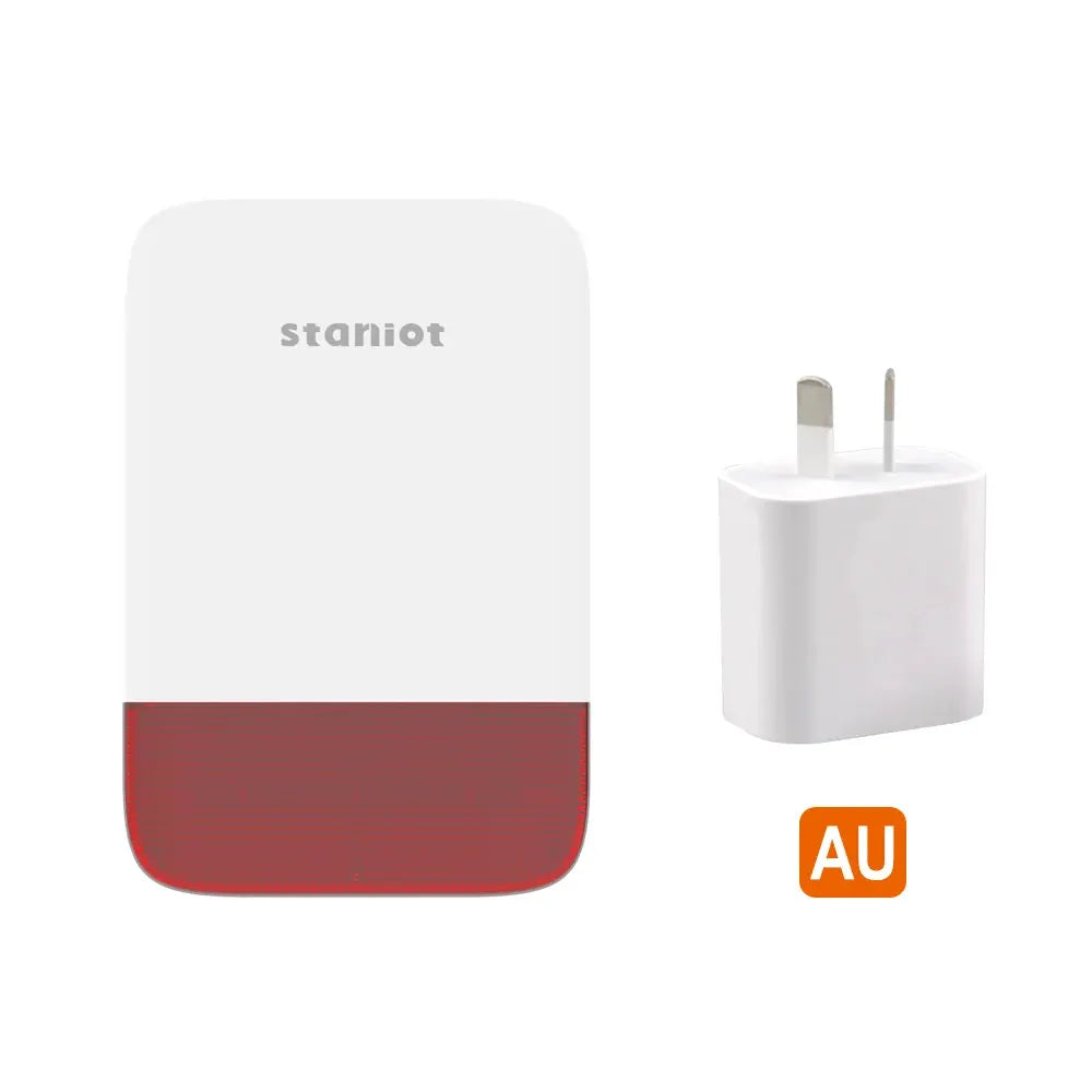 Staniot wireless strobe siren and charger set; white body with red bottom.