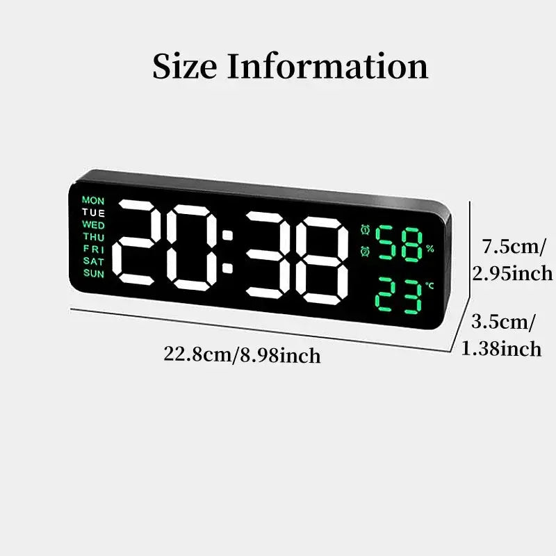 Simples Market 9-inch digital LED wall clock, USB powered, black with green temp/humidity readouts and weekly day display