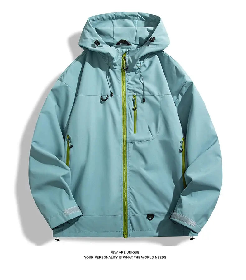 JNLN unisex waterproof windbreaker jacket in teal with lime green zippers, hooded, by Simples Market.