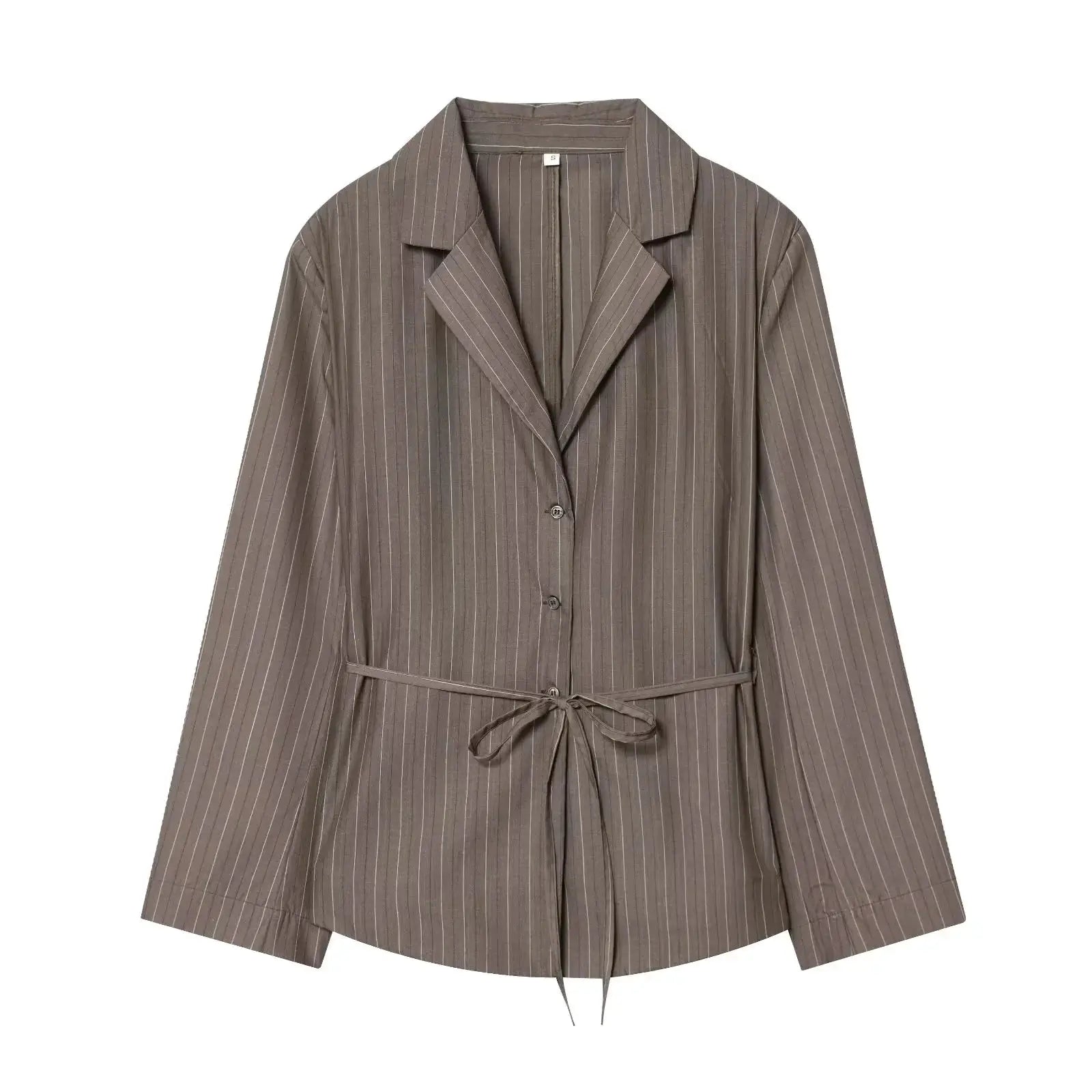 KONDALA brown pinstriped blazer with waist sash belt, single-breasted office suit top