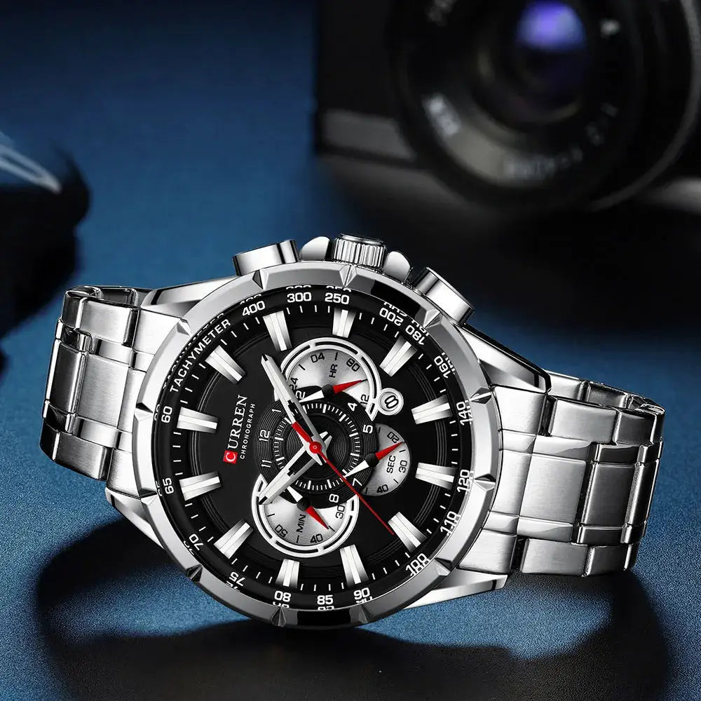 CURREN 8363 chronograph men's watch with stainless steel band, big black dial and luminous hands.