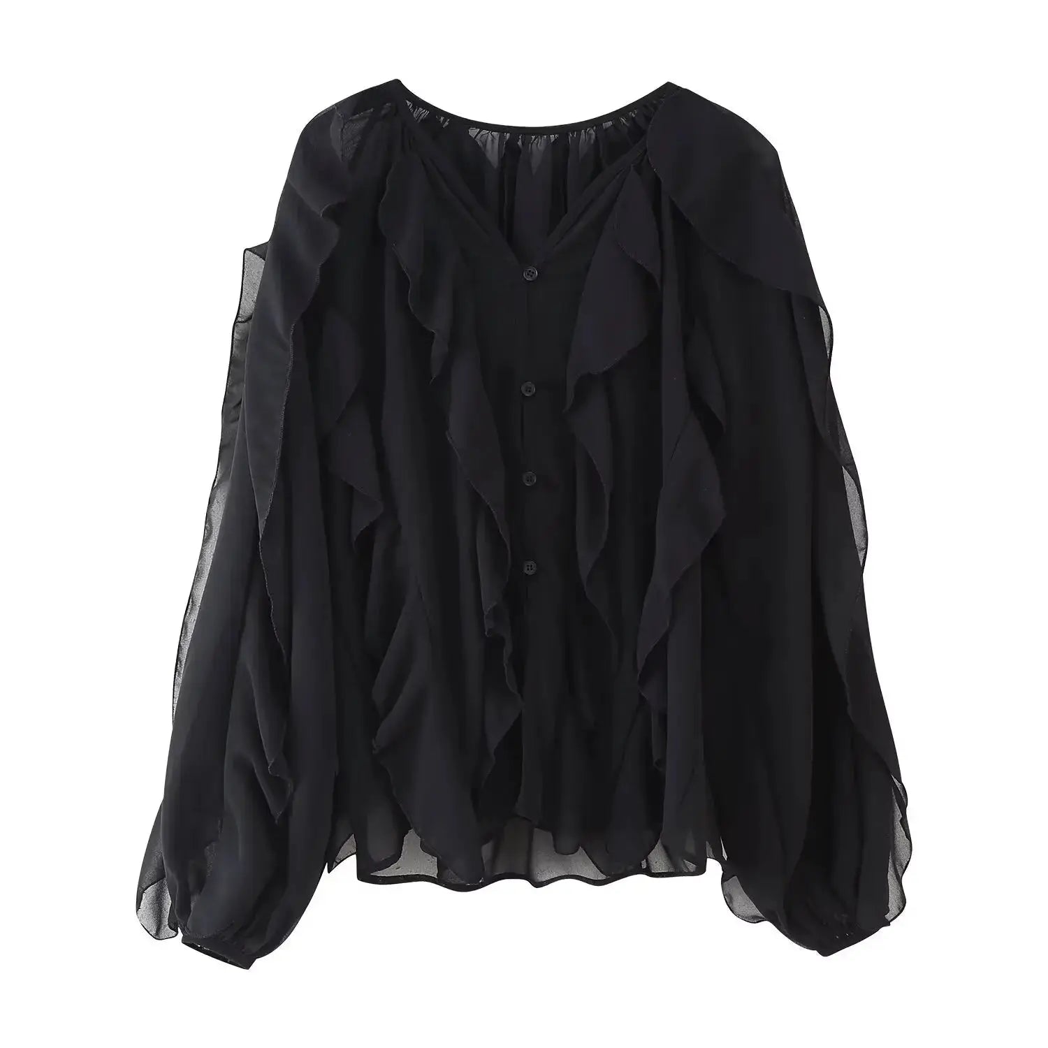 Women's black sheer ruffled blouse with cascading layers, long puff sleeves, V-neck with button front