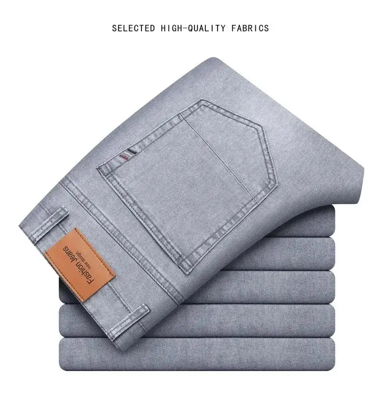 Men's gray stretch denim jeans by Simples Market, straight-leg style.