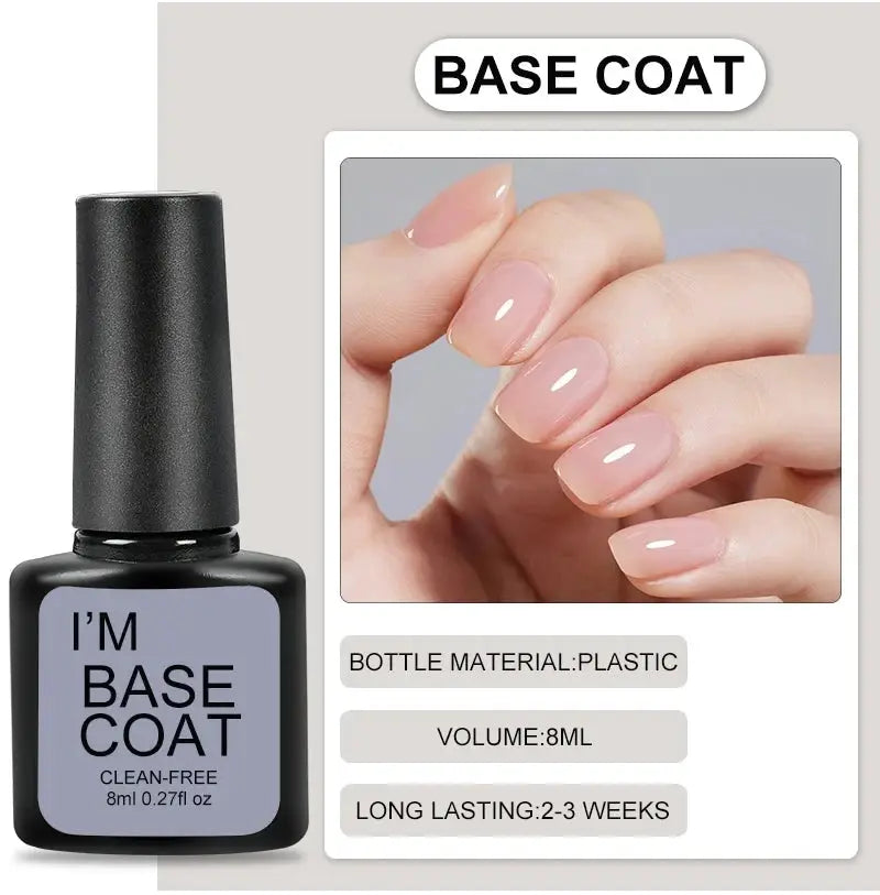 Base coat gel nail bottle (8 ml) with a hand displaying pale pink gel nails
