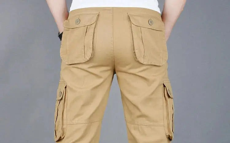 Men's khaki cargo pants with back flap pockets and side cargo pockets for outdoor work