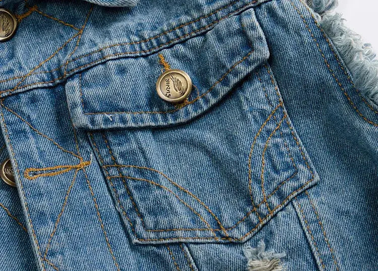 Men's light blue denim vest with pocket flap and brass button, visible stitching and distressed hem