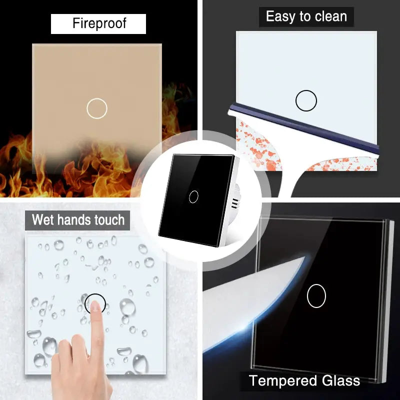AXUS EU touch switch with LED backlight on tempered crystal glass wall panel, 1/2/3 gang