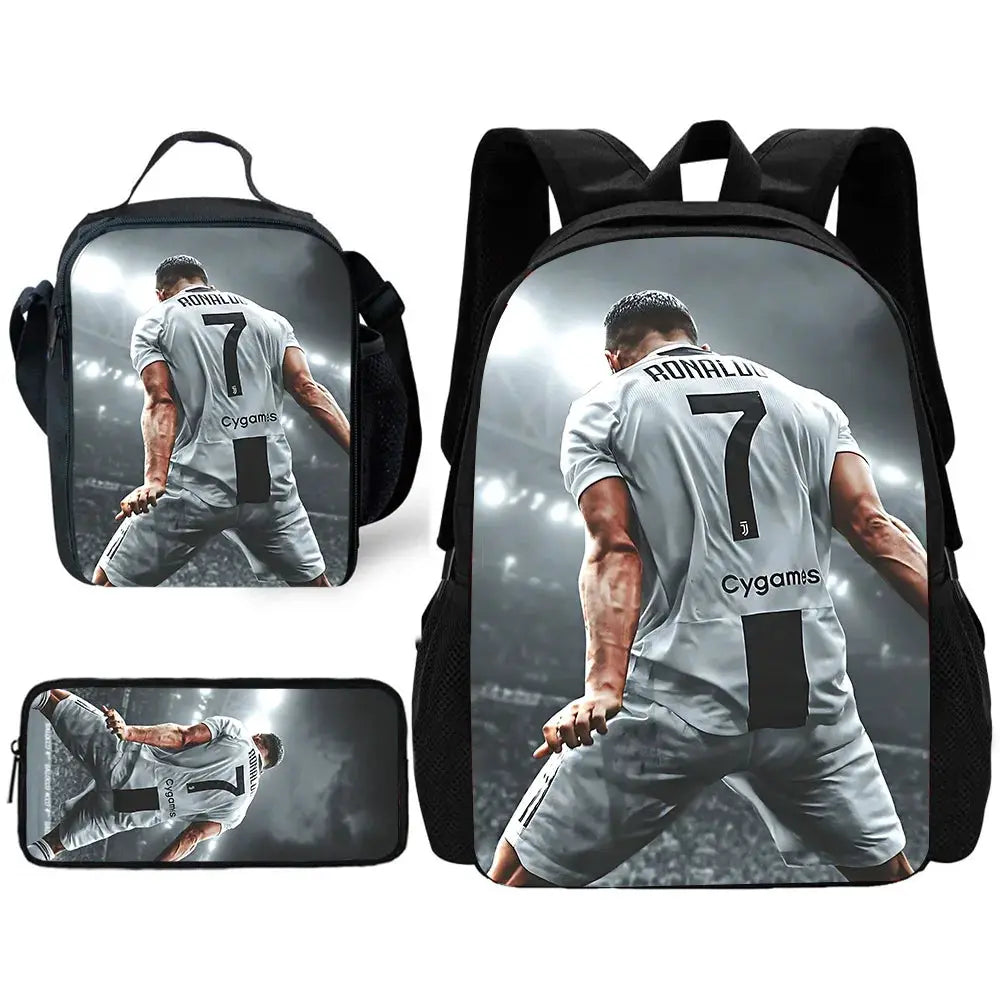 Three-piece child soccer backpack set with lunch bag and pencil case, black backpack, Simples Market