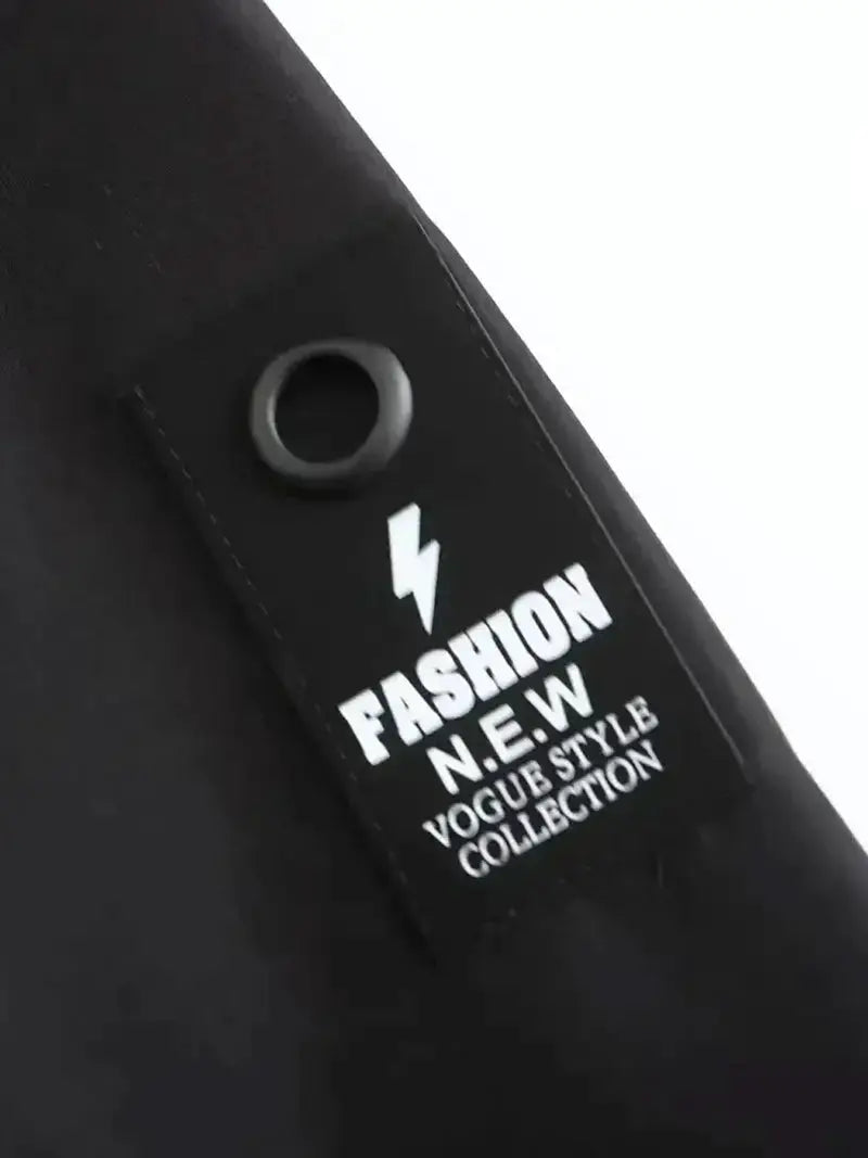 Black men's hooded windbreaker jacket with a tag reading Fashion New W Vogue Style Collection