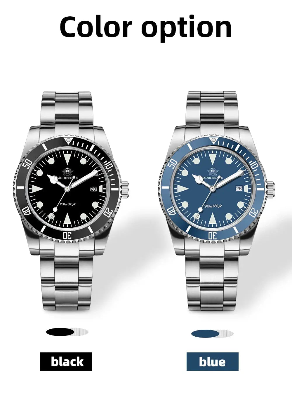 Two ADDIESDIVE luxury men's analog diver watches with stainless steel bracelets, black and blue dials.