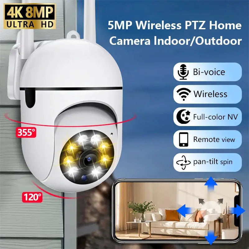 WiFi 5MP wireless PTZ security camera, white indoor/outdoor dome with 355° pan and 120° tilt.