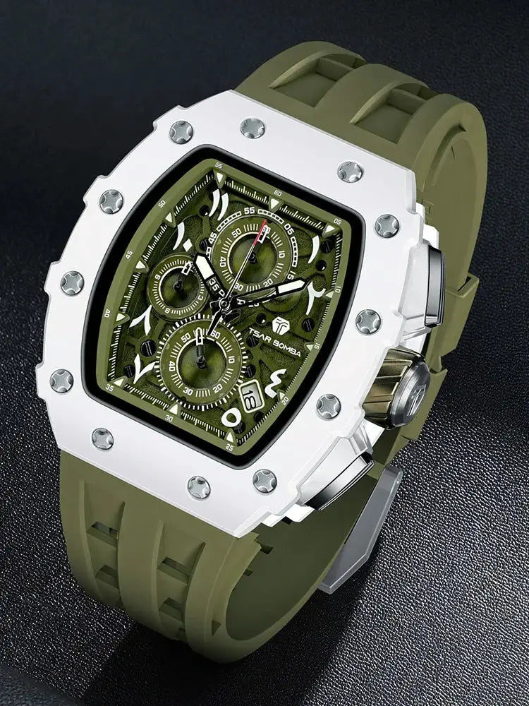 TSAR BOMBA men's watch with olive-green dial, stainless steel case, and silicone strap