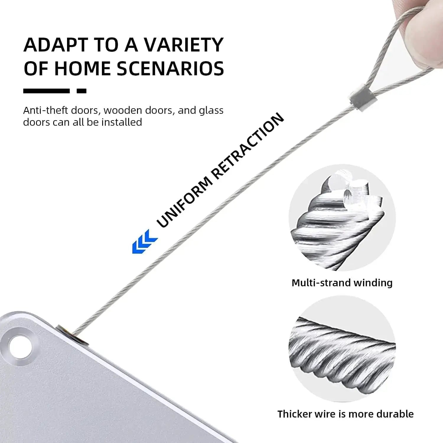 Punch-free automatic sensor door closer with pull cord and surface bracket; steel cable with multi-strand winding.
