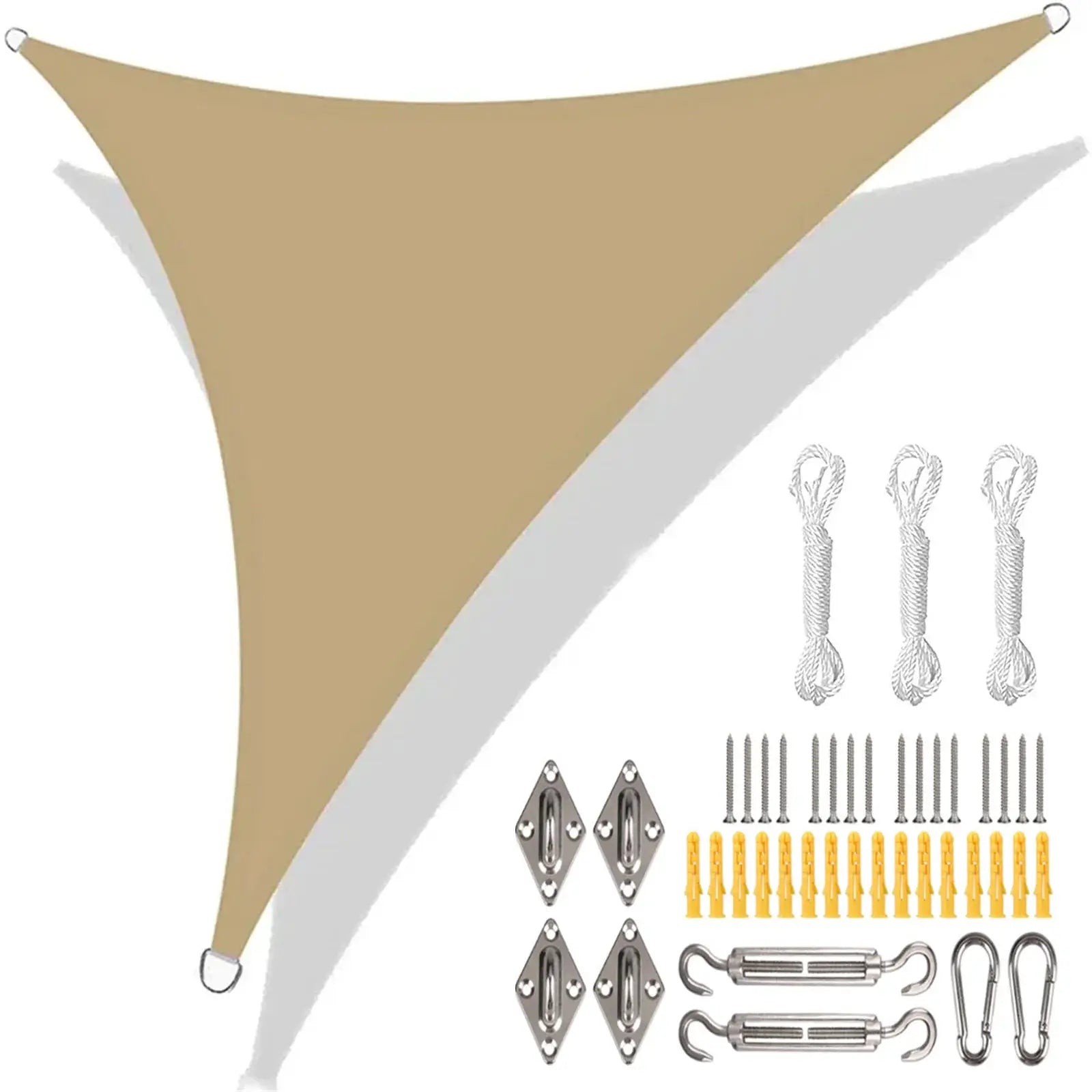 Simples Market triangle waterproof sun shade sail canopy in beige with complete mounting hardware kit ropes and hooks