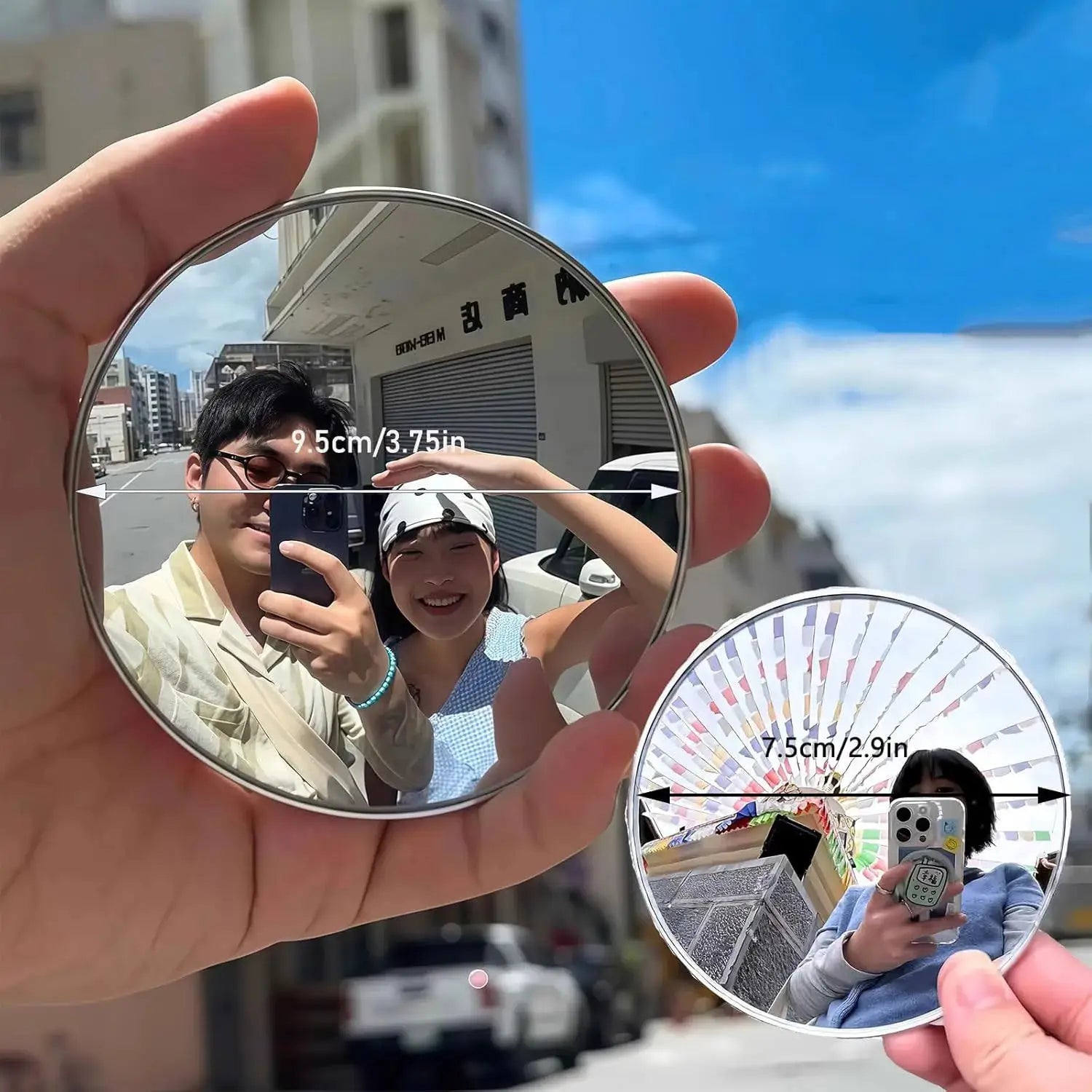 Simples Market travel handheld selfie mirrors, two silver convex round mirrors (9.5 cm and 7.5 cm)