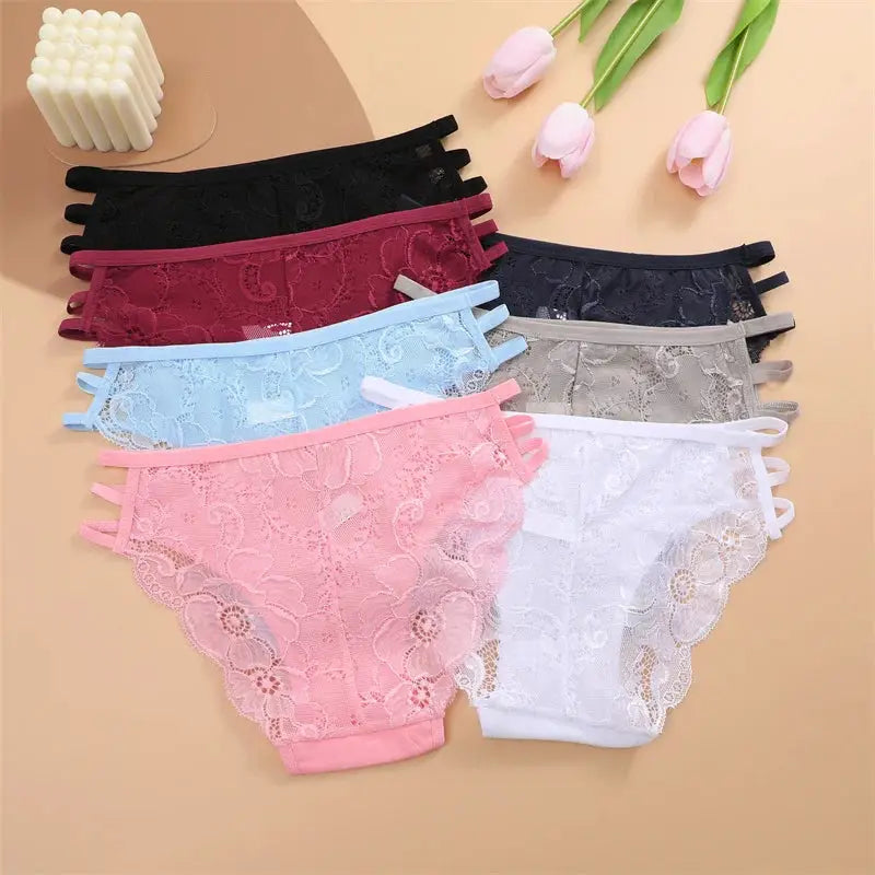 7-pair Simples Market women's lace panties set, assorted colors, floral lace, low-rise briefs with side strap accents