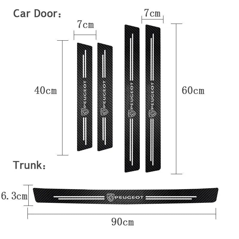Peugeot carbon-fiber car door sill protectors and trunk plate set; includes four sill guards and a 90 cm trunk plate