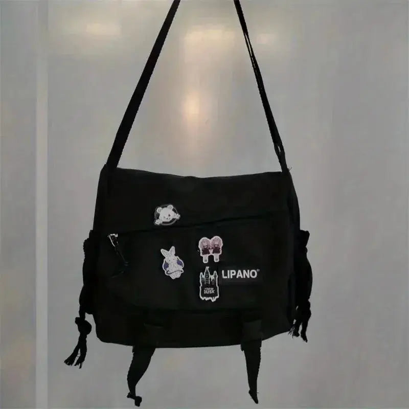 Men's black nylon crossbody bag with Lipano logo and patches; large-capacity messenger style