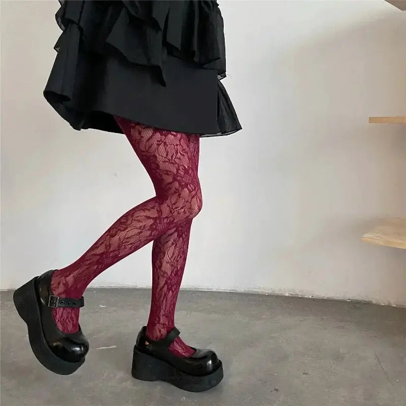 Lolita Sweet Floral Punk Style Colorful Thigh High Tights Hollow Out Mesh Fishnet Design For Women