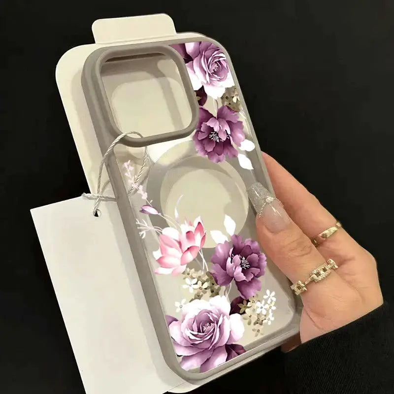 Phone case by Simples Market with lavender-pink floral print for wireless charging iPhone