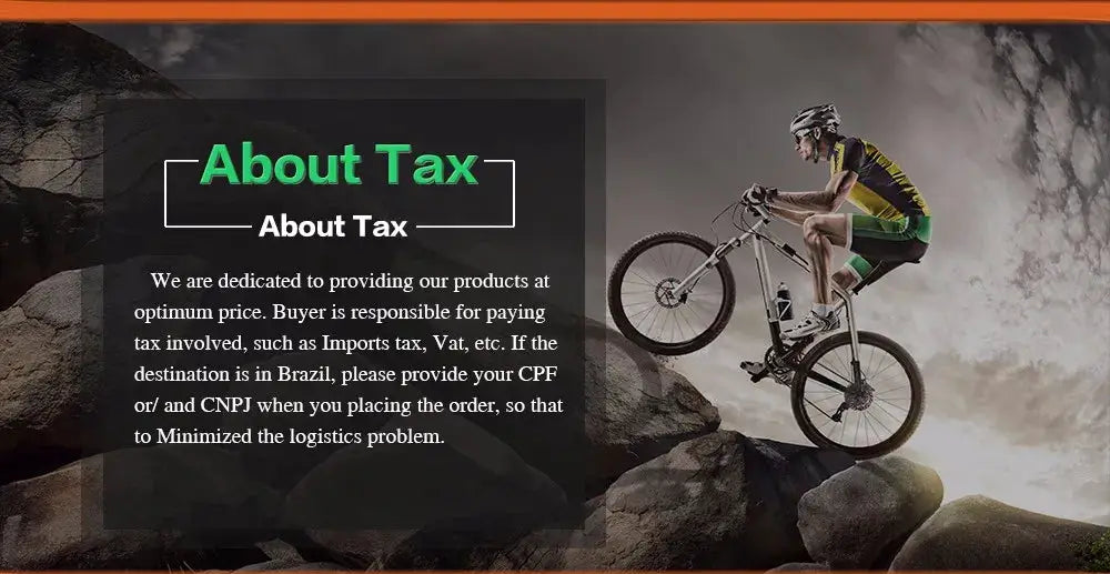 Mountain biker in yellow-green gear rides a rocky trail under a dark overlay banner reading About Tax
