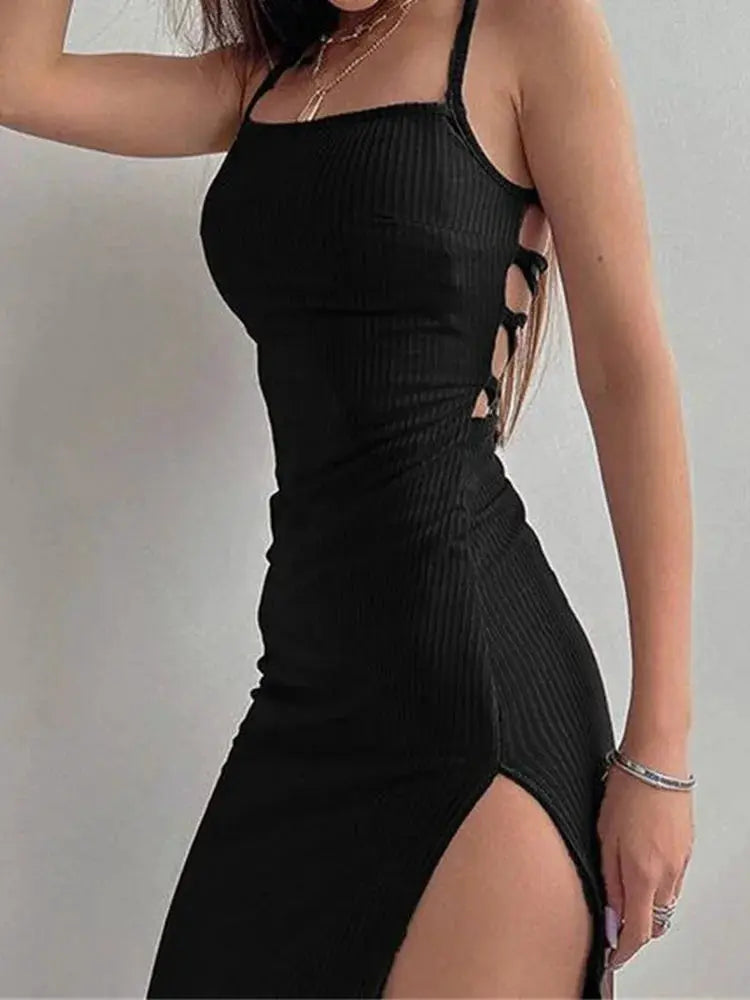 Noir Elegance Black Halter Neck Long Bodycon Dress With High Split Sleeveless Backless For Summer