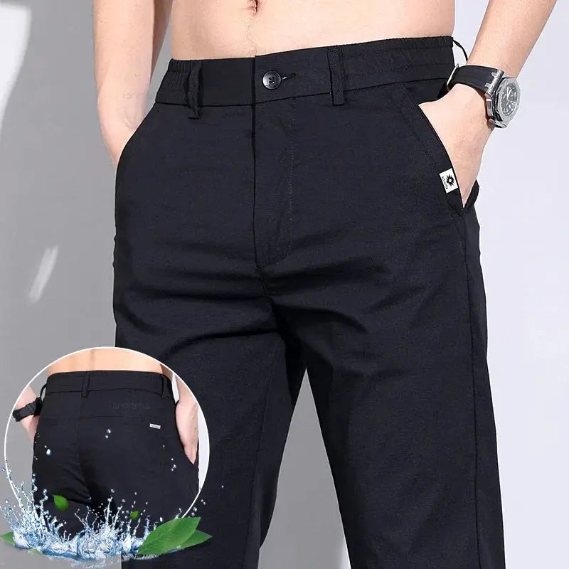 Ultra-thin Elastic Men's Casual Pants in black ice silk cotton, slim straight business trousers