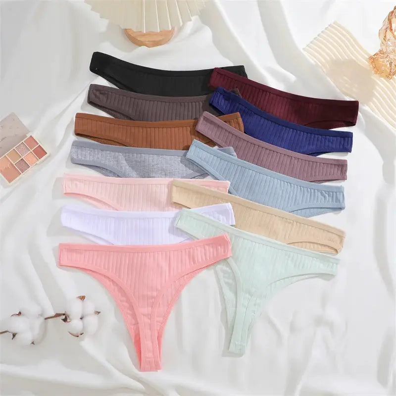 7PCS women's ribbed cotton thongs; low-rise G-string panties in assorted colors