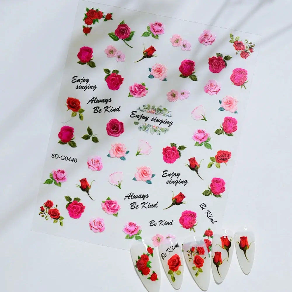 Nail decals sheet by Simples Market featuring pink/red rose stickers and phrases; includes five nail tips.