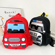 Two kids' police car backpacks, red and black with front car design and windshield, ideal for school and kindergarten