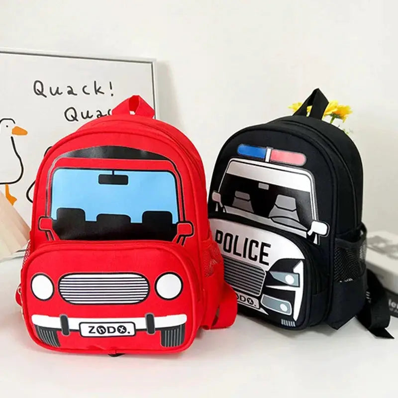 Two kids' police car backpacks, red and black with front car design and windshield, ideal for school and kindergarten