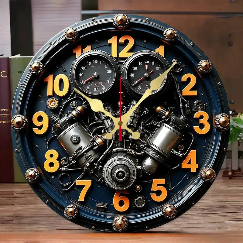 2D flat engine wooden round silent hanging wall clock by Simples Market; orange numerals, gear-detailed dial.
