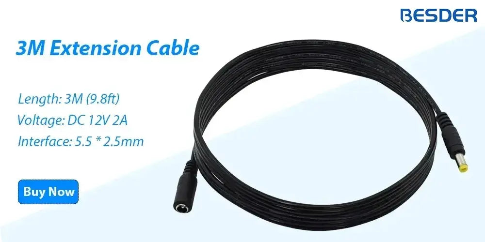 BESDER 3M extension cable for DC 12V CCTV cameras; 5.5x2.5mm, 2A