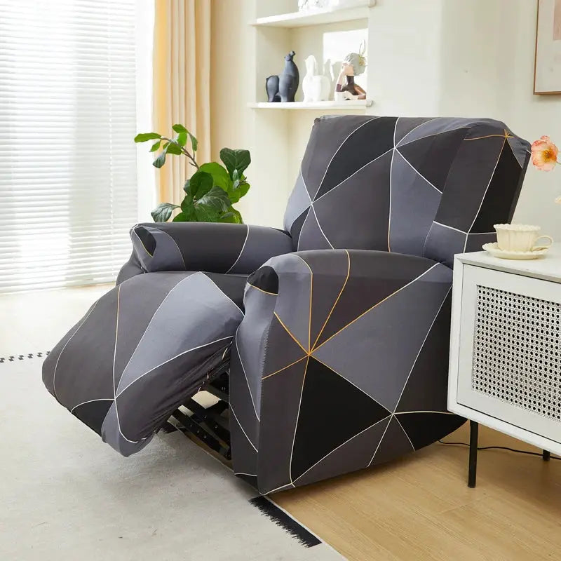 Simples Market recliner cover in gray geometric pattern with orange lines; stretch fabric fits recliner chairs.