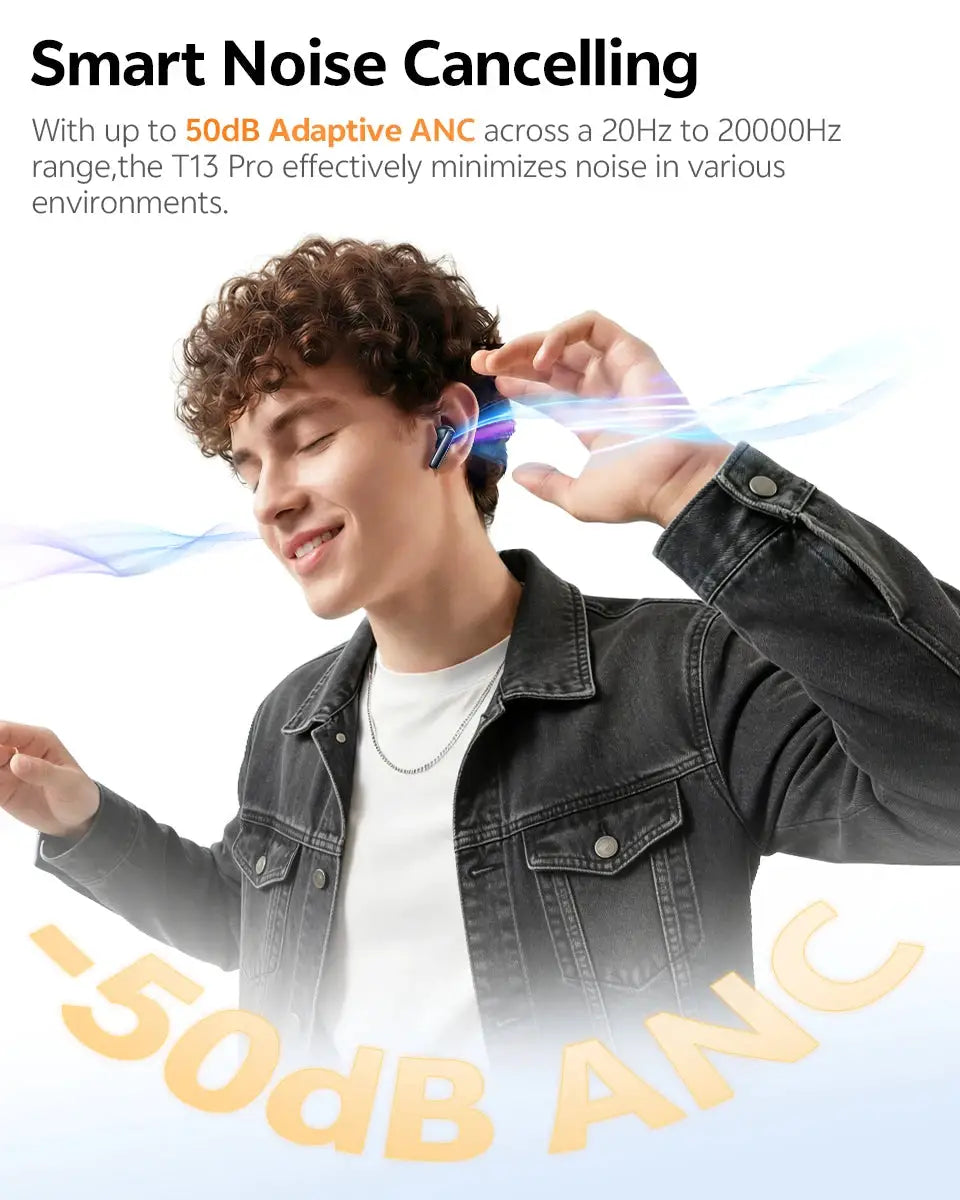 QCY T13 Pro HT23 wireless earbuds with adaptive ANC, blue accents, Simples Market